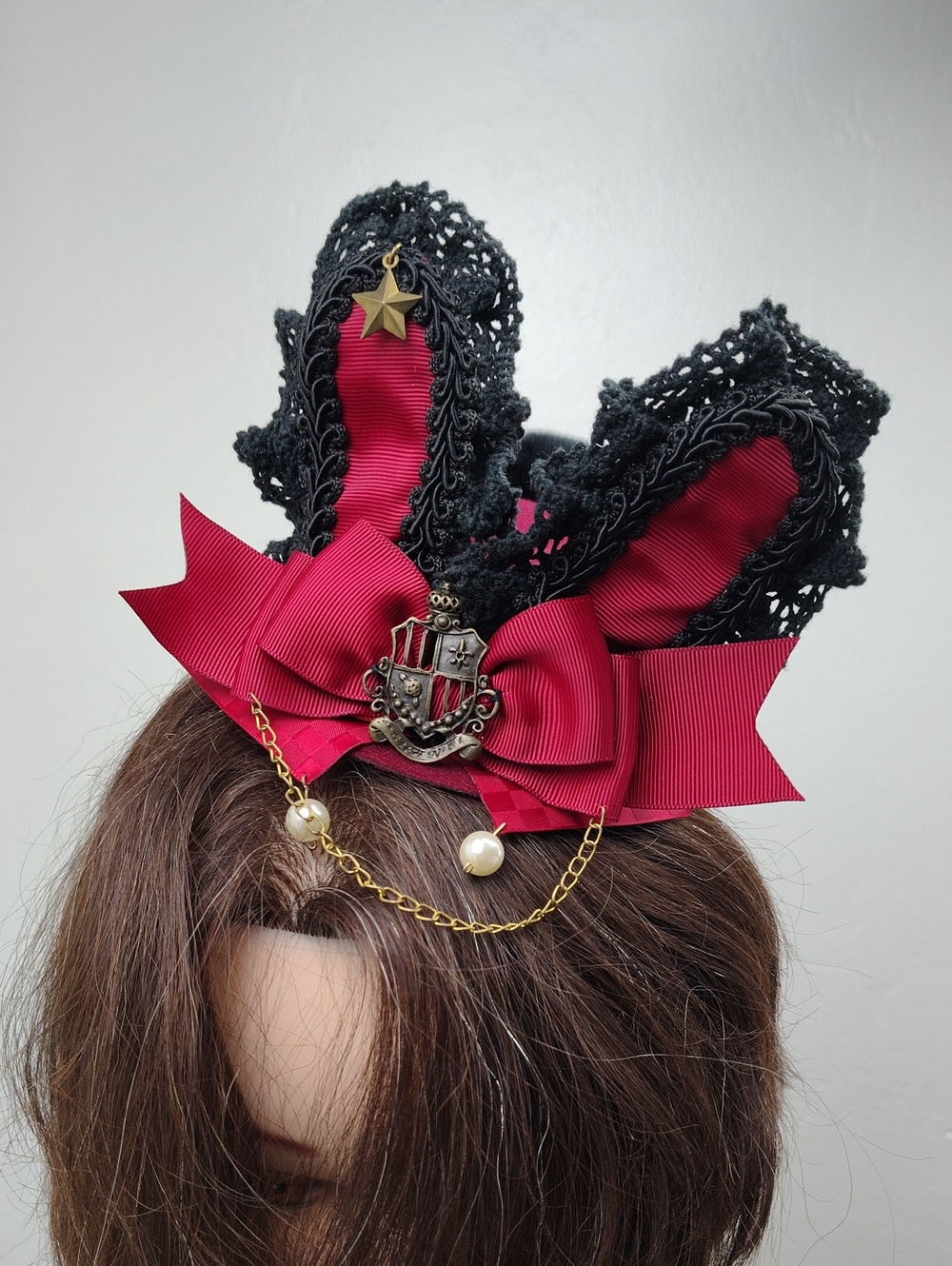 Lolita Hat Black Lace & Burgundy Ribbon Bunny Mini Hat Gold Chain Steampunk Hat